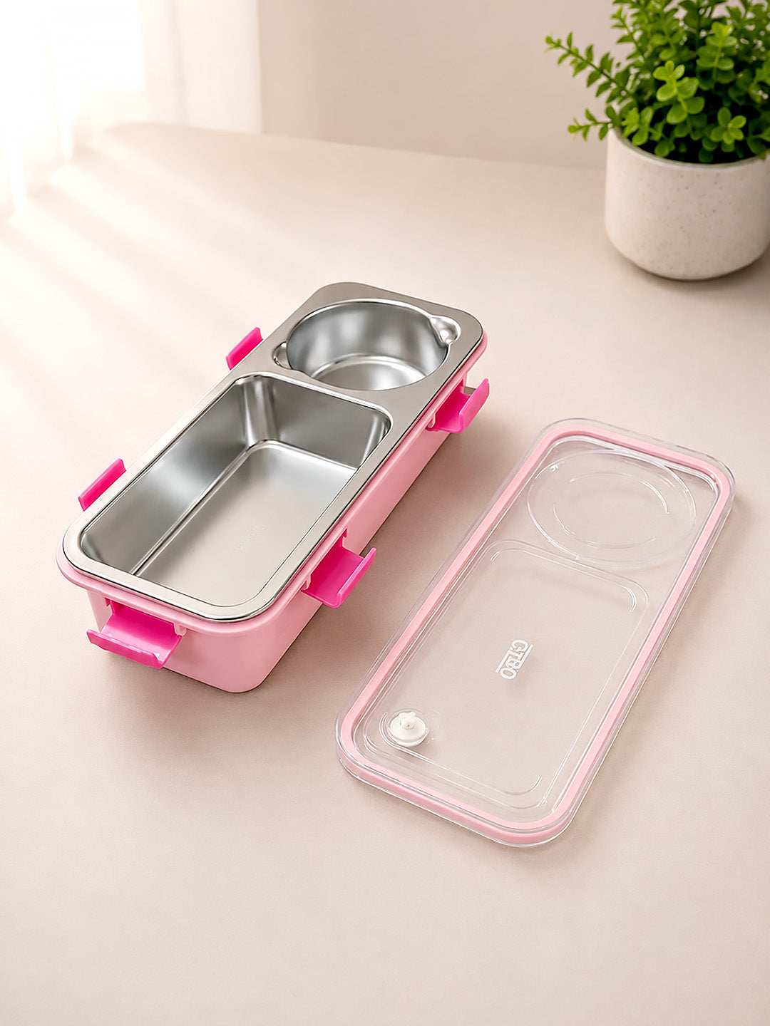 Pink 2-Compartment Stainless Steel Kids Lunch Box | Leak-Proof | Fork, Spoon & Sauce Container Included