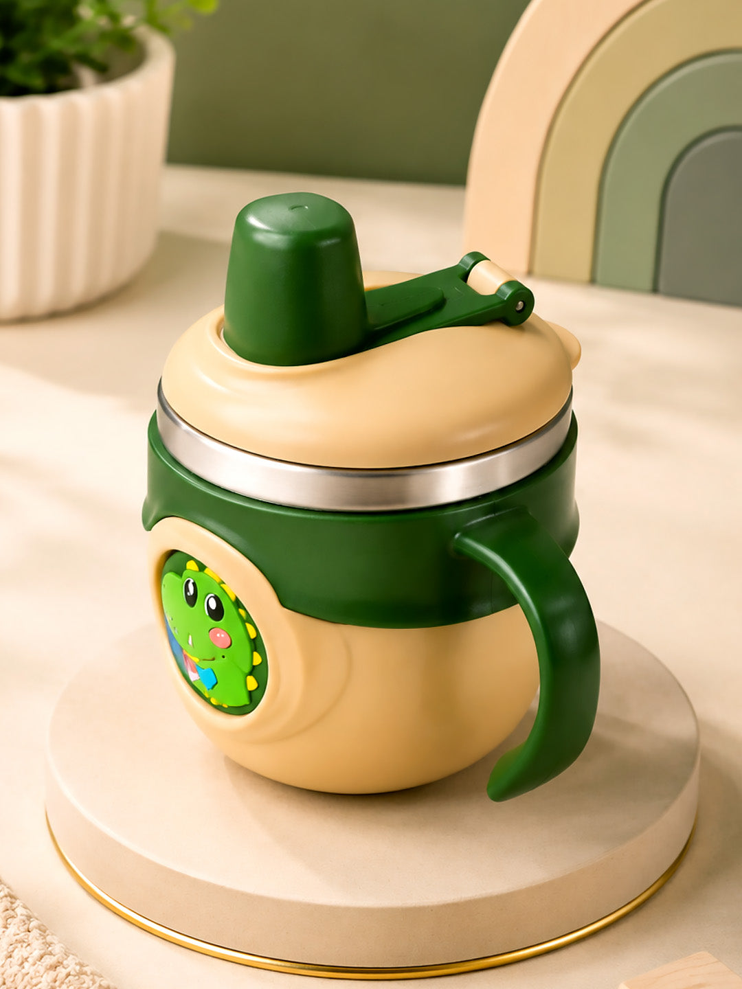 Dinosaur Stainless Steel Sipper Bottle for Babies & Toddlers — 250ml | Spill-Proof Spout & Dual Handles