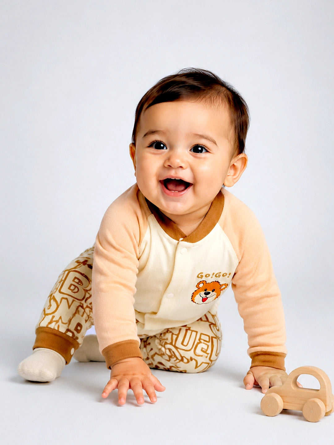 Beige Bear Baby Romper | Full Sleeve | Snap Button | Footless | Premium Cotton | 0–12 Months