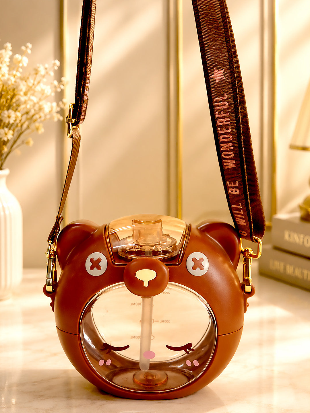 3D Bear Kids Water Bottle — 630ml | Flip Lid, Straw & Crossbody Strap
