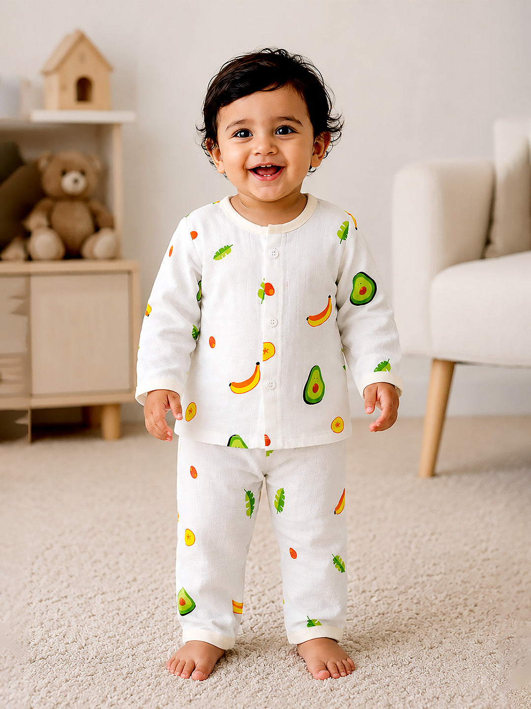 Fruity Fun Baby Co-ord Set | Muslin Cotton | Full Sleeve Top & Full Pants | 0–12 Months