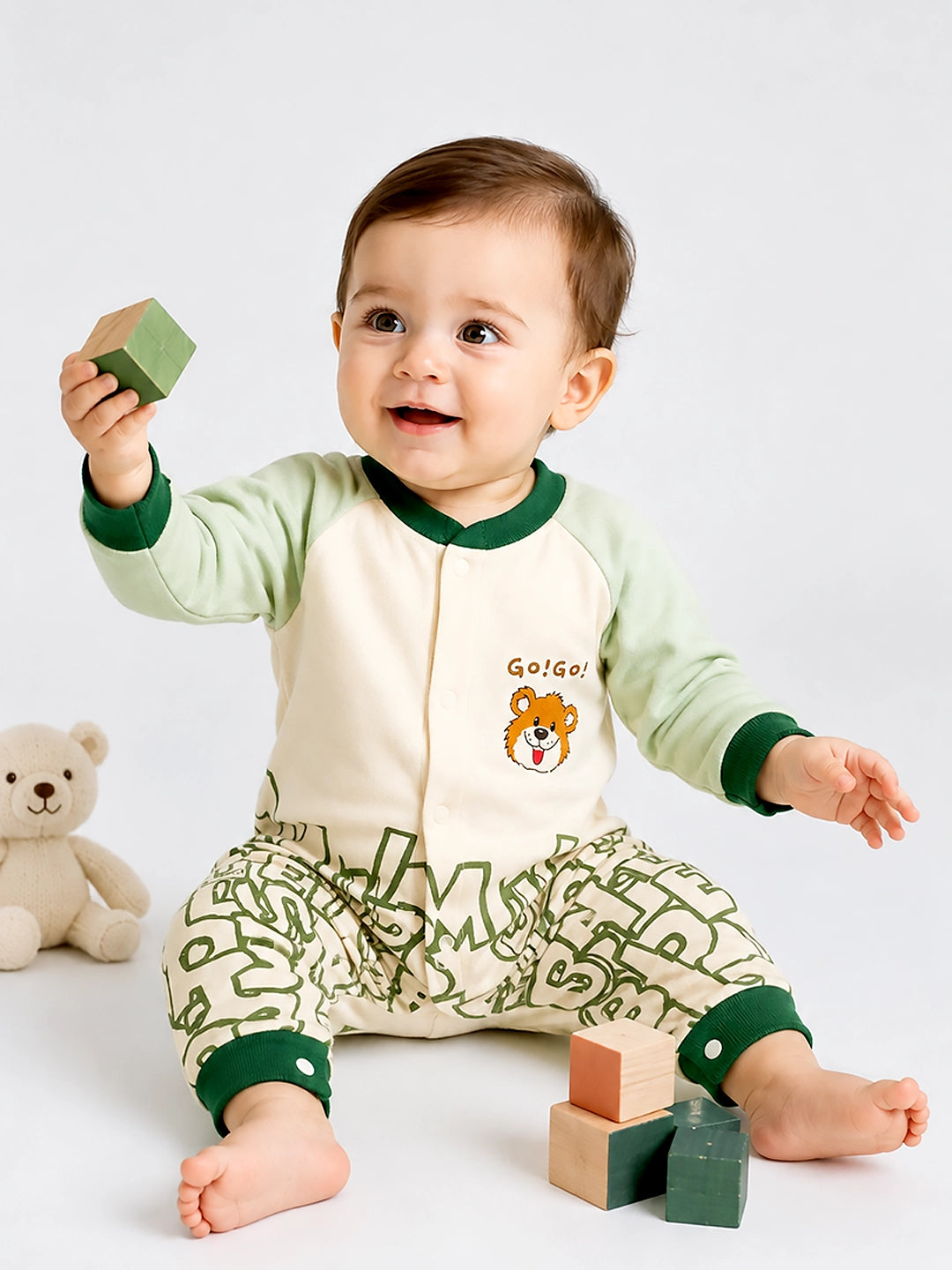 Green Bear Baby Romper | Full Sleeve | Snap Button | Footless | Premium Cotton | 0–12 Months
