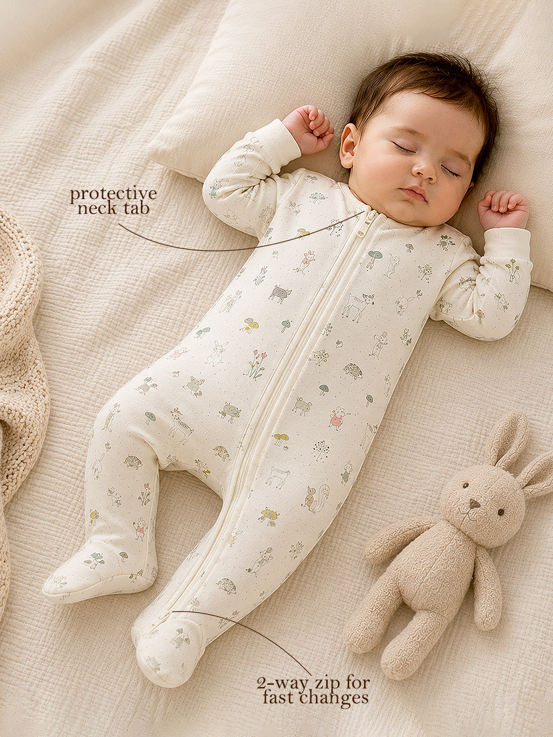 Woodland Friends Baby Romper | Full Sleeve | Two-Way Zipper | With Footies | 100% Organic Cotton | 0–18 Months
