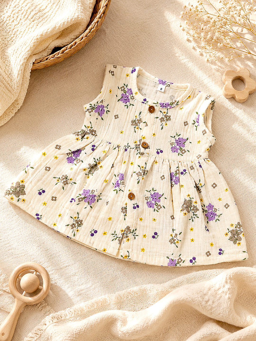 Floral Muslin Cotton Frock for Baby Girls | Sleeveless A-Line Dress | Wooden Buttons | 0–12 Months