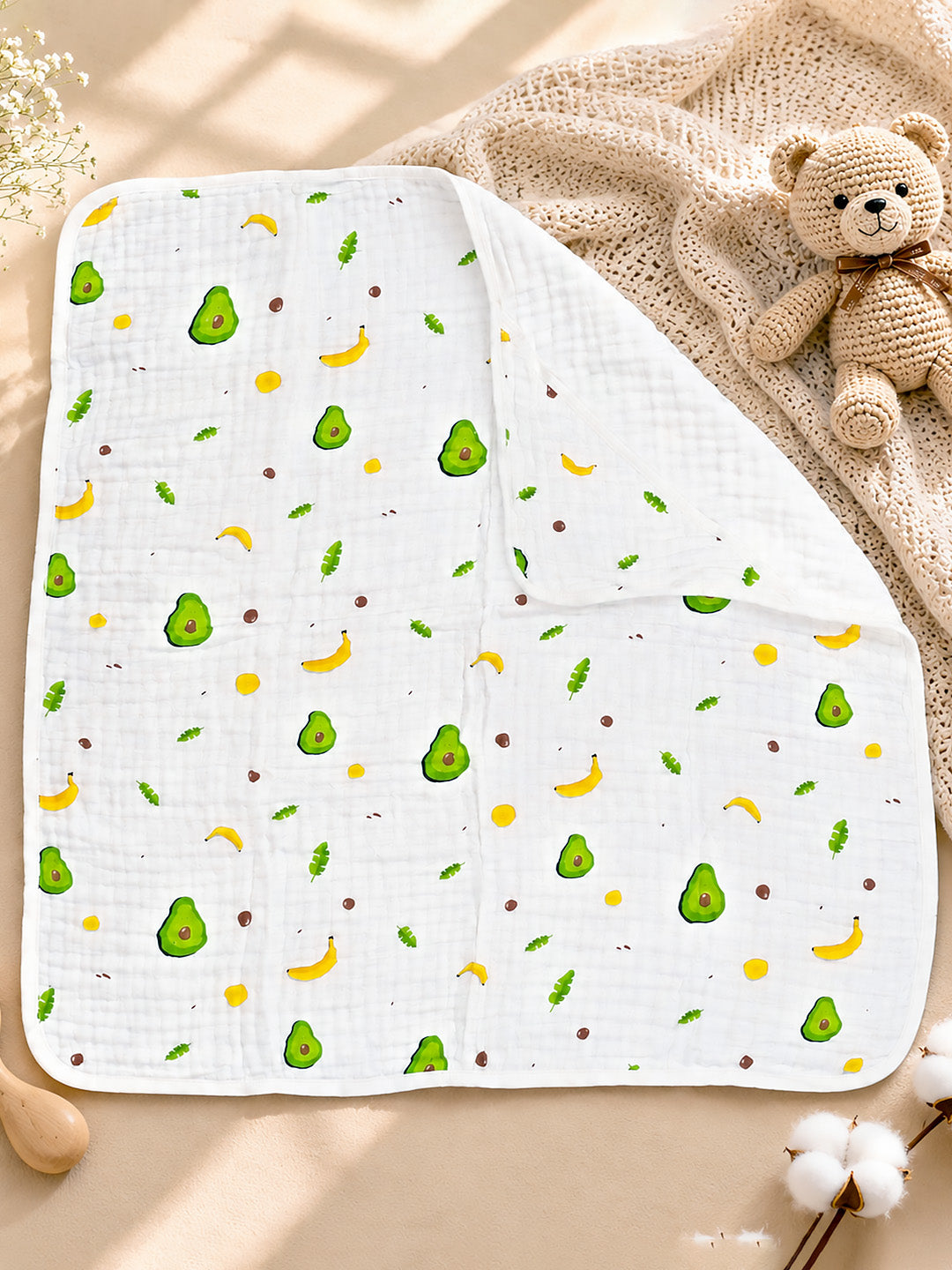 Avocado & Banana Hooded Swaddle Blanket | 6-Layer Muslin Cotton | Newborn Wrap