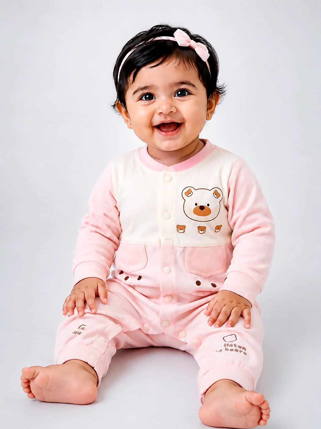 Bear Print Baby Romper | Full Sleeve | Snap Button | Footless | Soft Cotton | 0–12 Months