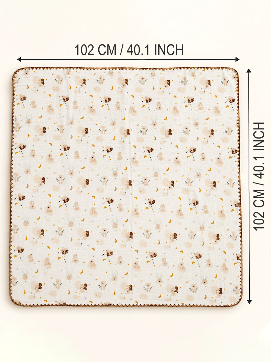 Dreamy Koala & Stars Super Soft Muslin Cotton Baby Blanket | All-Season | Ivory & Gold | 102×102 cm