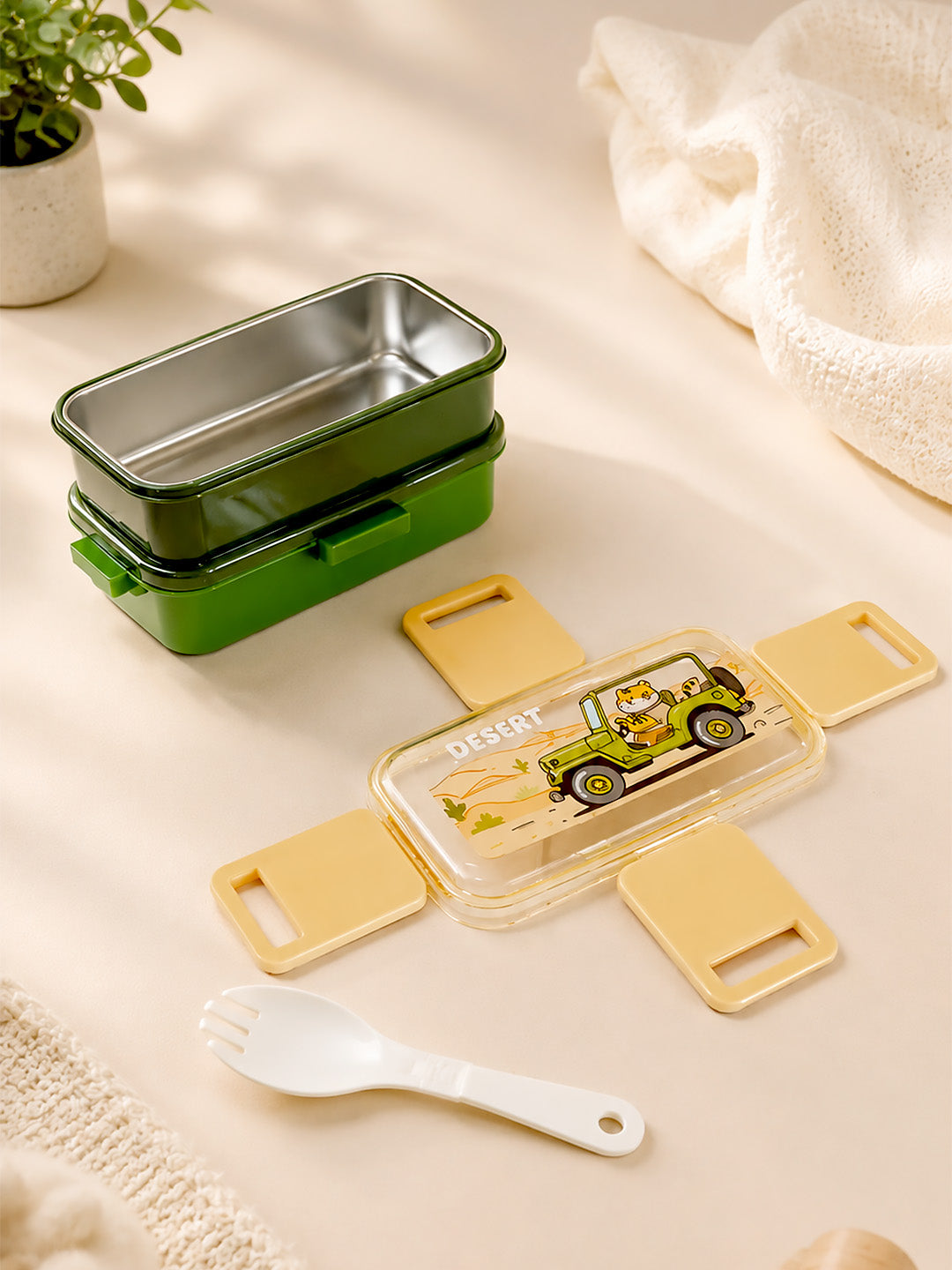 Desert Tiger 2-Tier Kids Lunch Box | Stainless Steel | Leak-Proof | Spork & Sauce Box Included