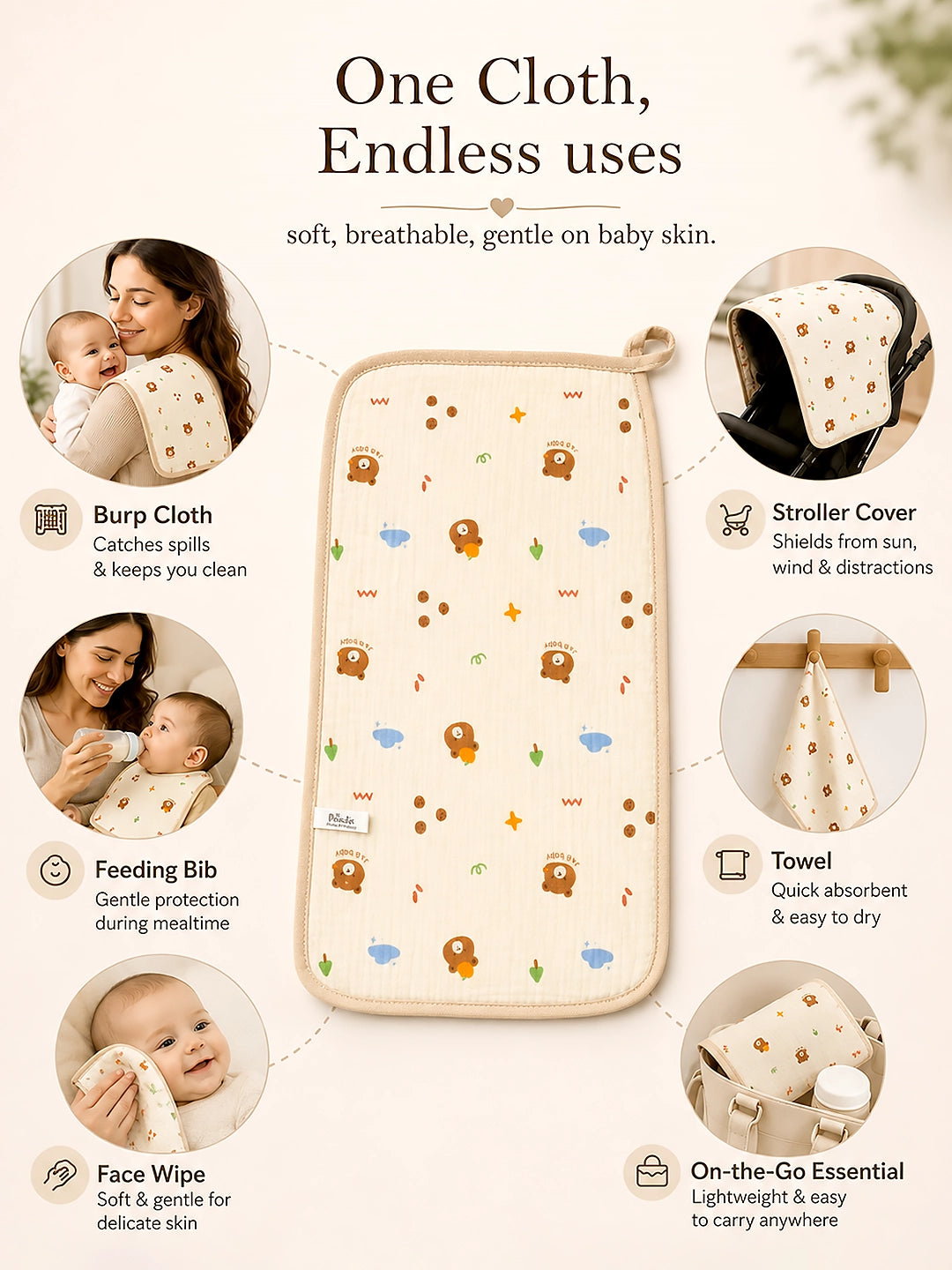 Bear Print Muslin Burp Cloth | Set of 2 | 100% Muslin Cotton |