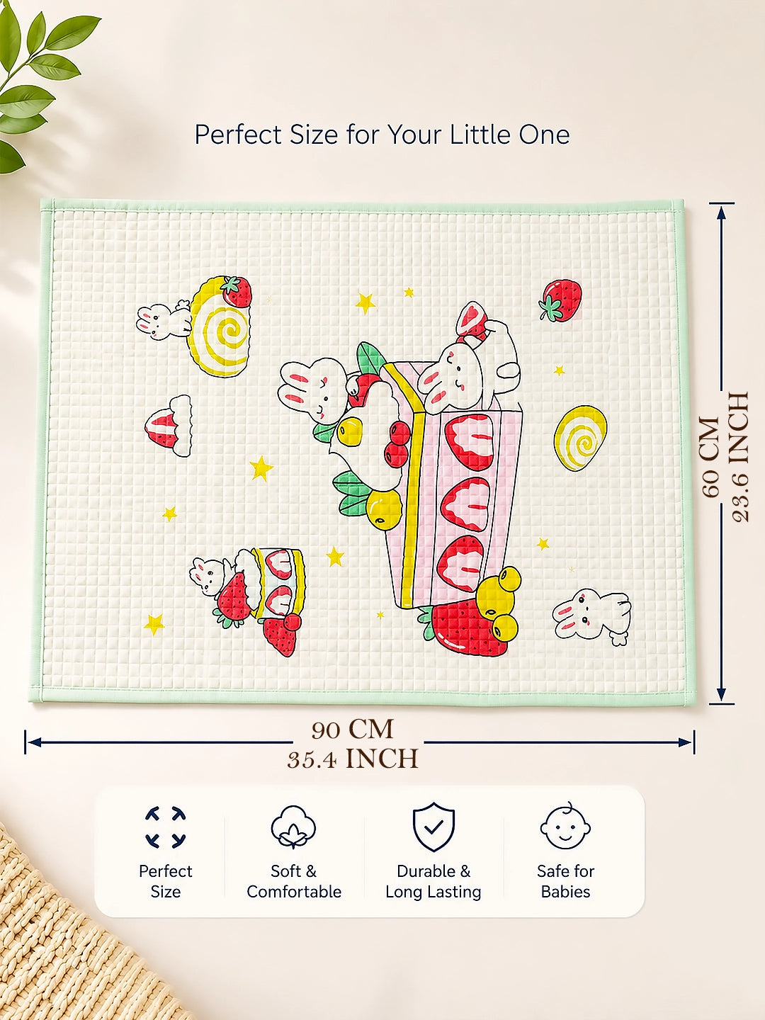 Baby Massage & Play Mat | Strawberry Bunny Print | Green | Waterproof Natural Latex