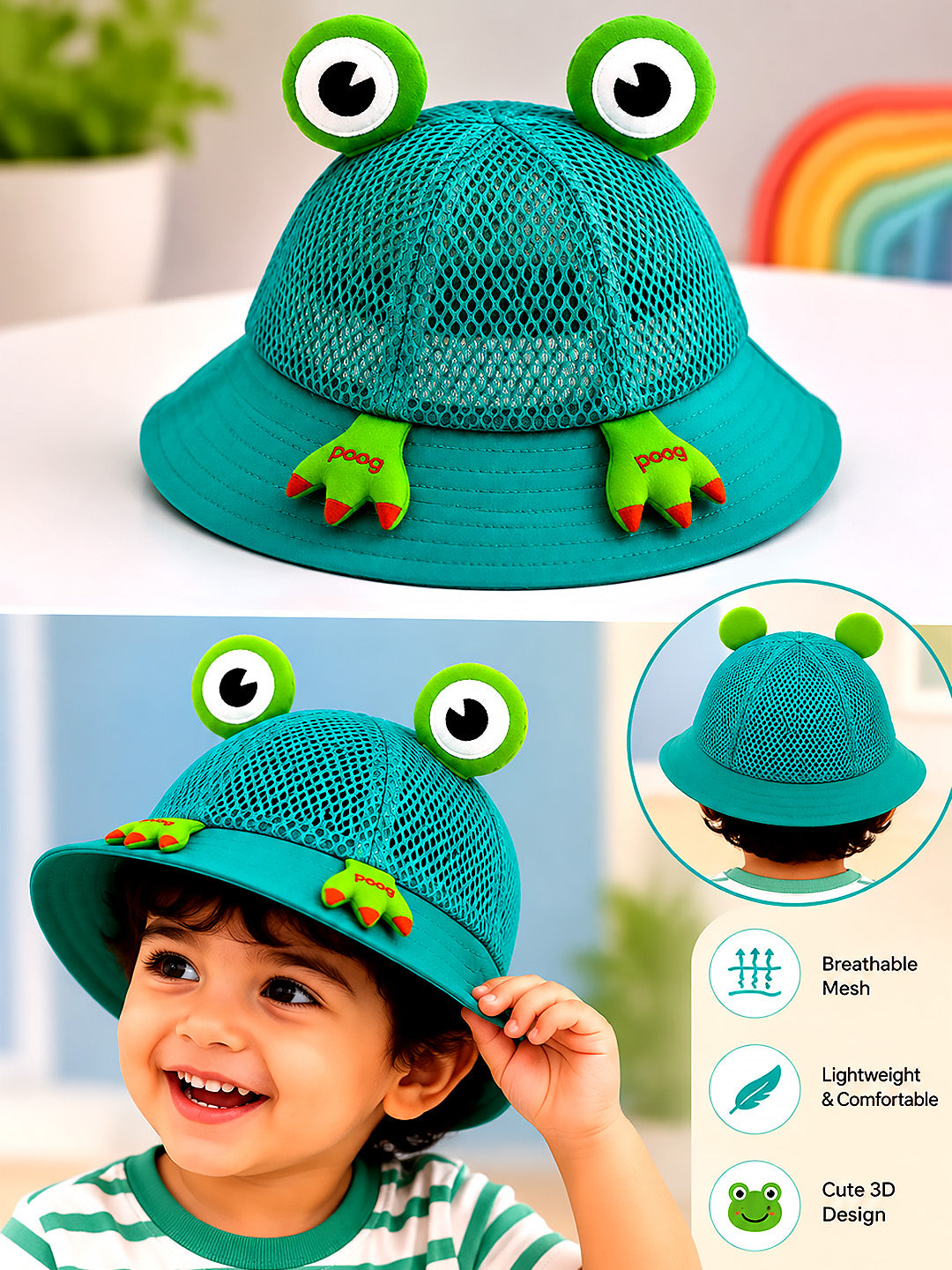 Green 3D Frog Baby Bucket Hat | Breathable Mesh | Infants & Toddlers