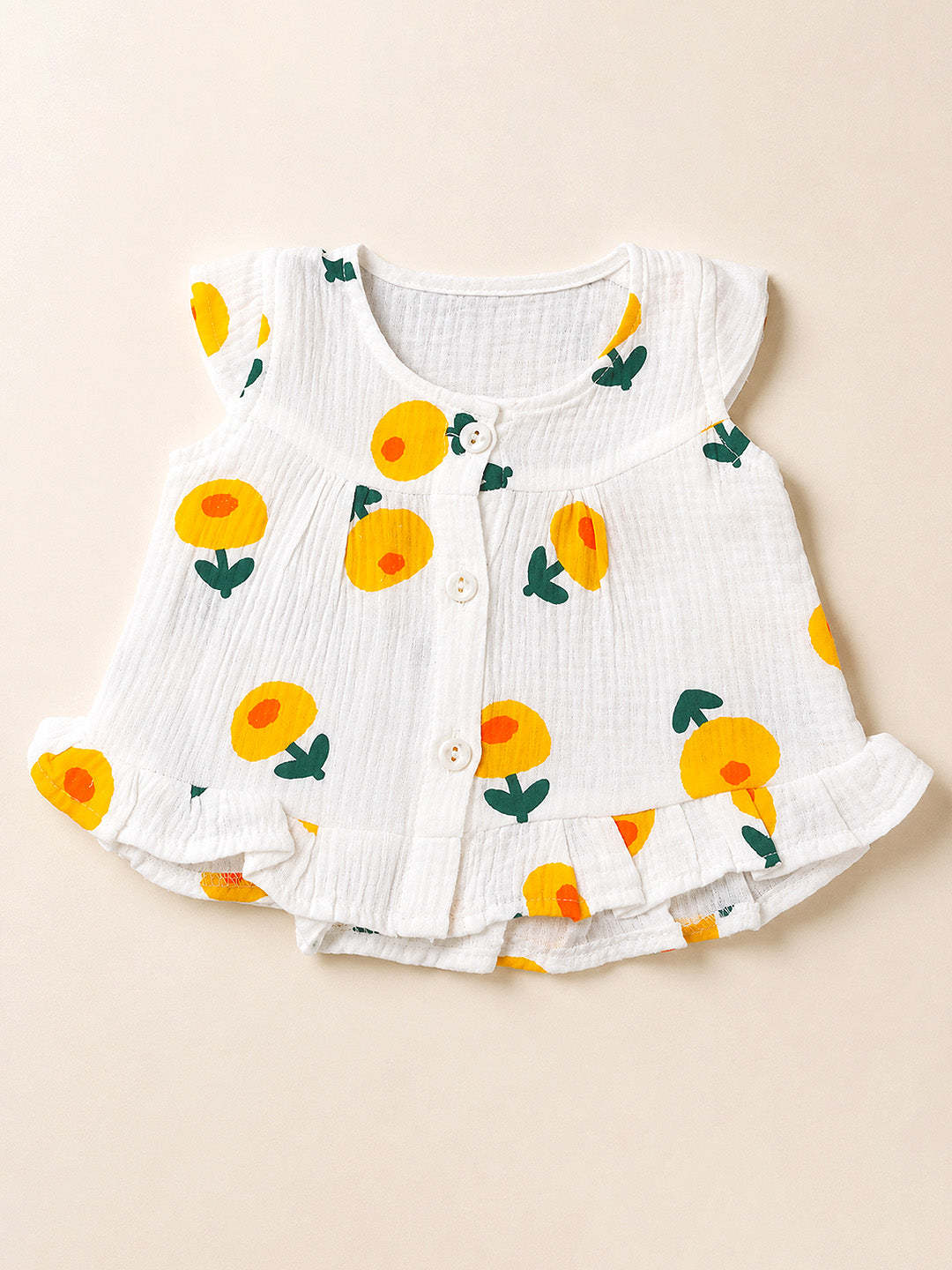 Sunny Flower Baby Girl Muslin Frock | Sleeveless Flutter Sleeve Dress with Ruffle Hem | Button Front
