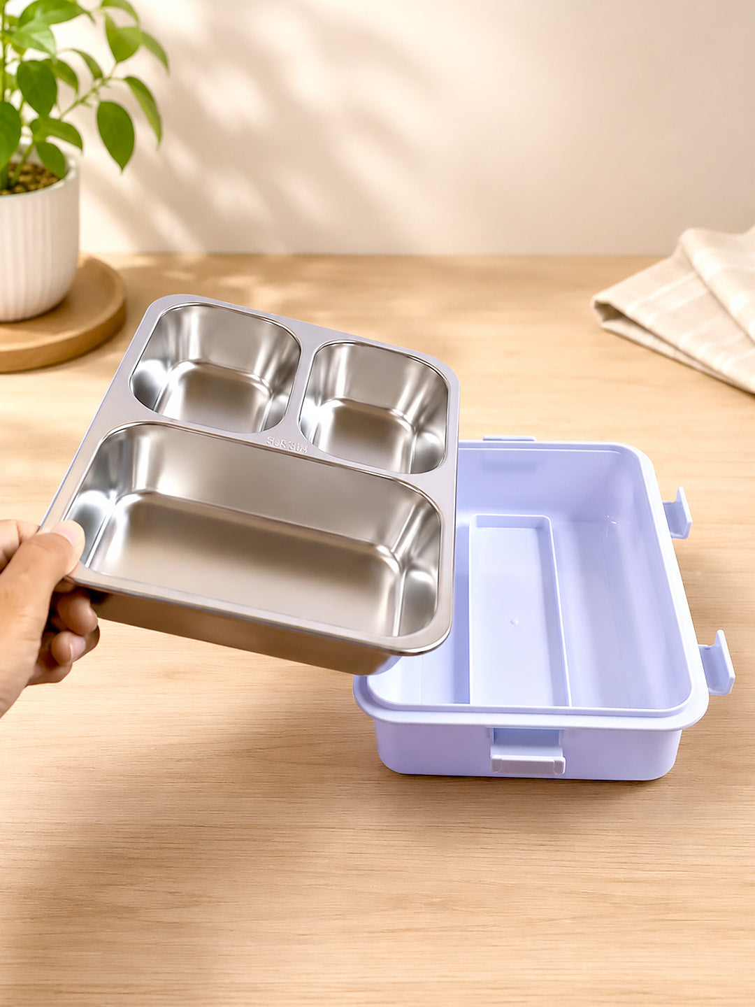 3-Compartment Kids Stainless Steel Lunch Box | Leak-Proof | Fork & Spoon Included