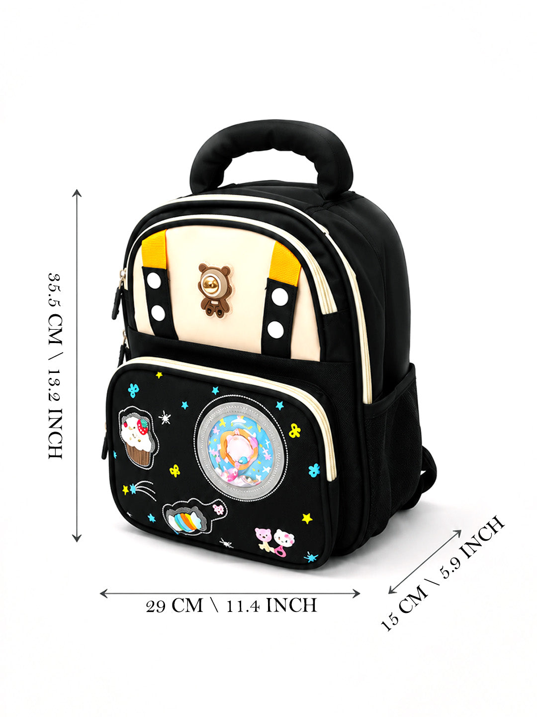 Kids LED Bear School Backpack – Black & Beige Cupcake Patch