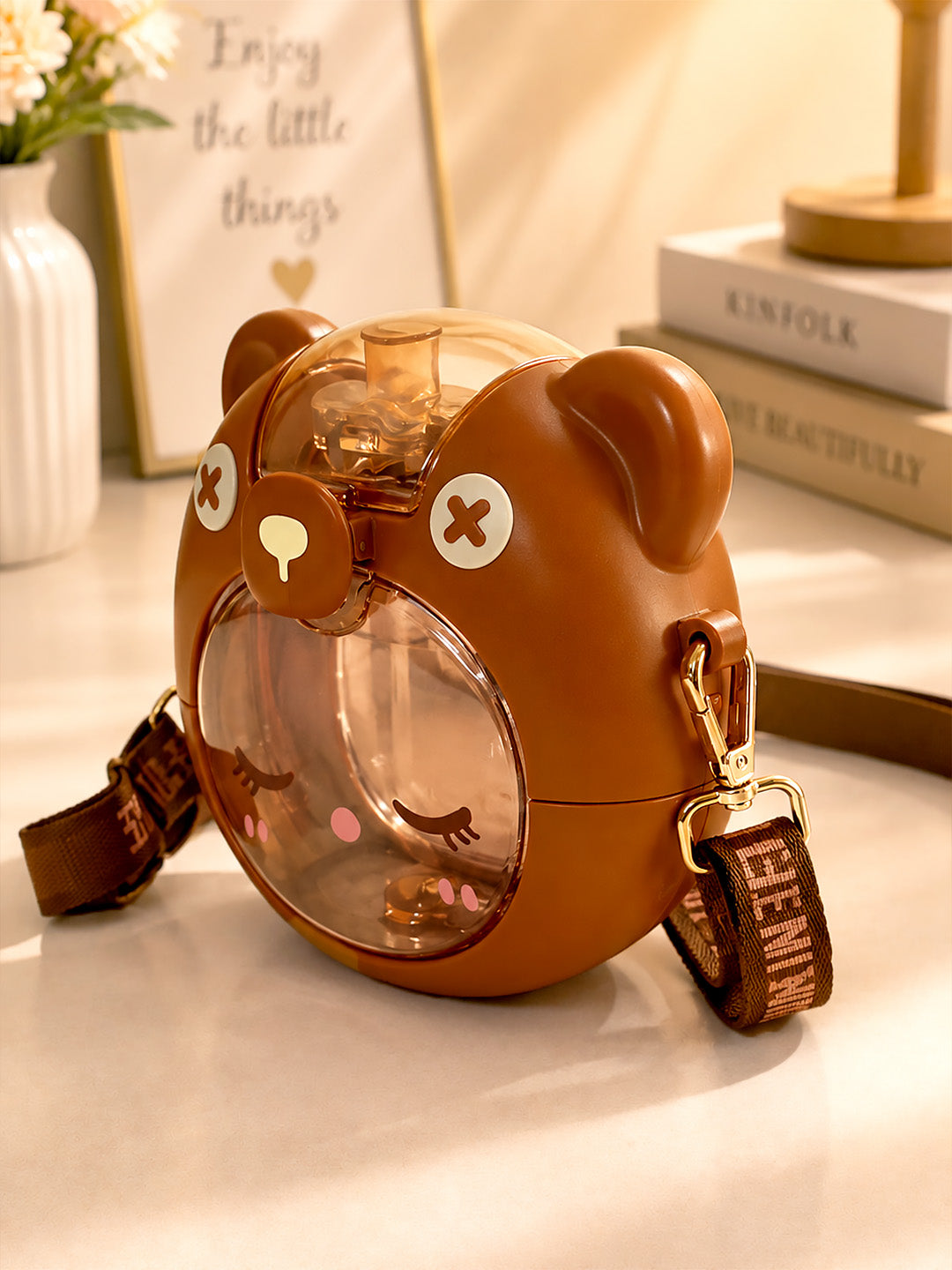 3D Bear Kids Water Bottle — 630ml | Flip Lid, Straw & Crossbody Strap