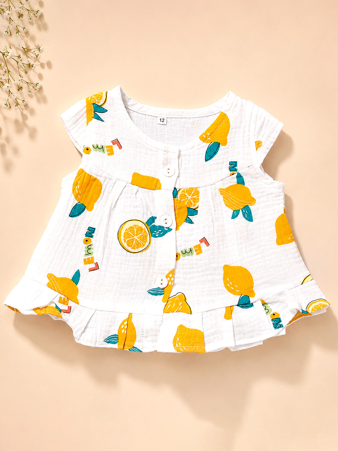 Lemon Print Baby Girl Muslin Frock | Sleeveless Flutter Sleeve Dress | Button Placket & Ruffle Hem
