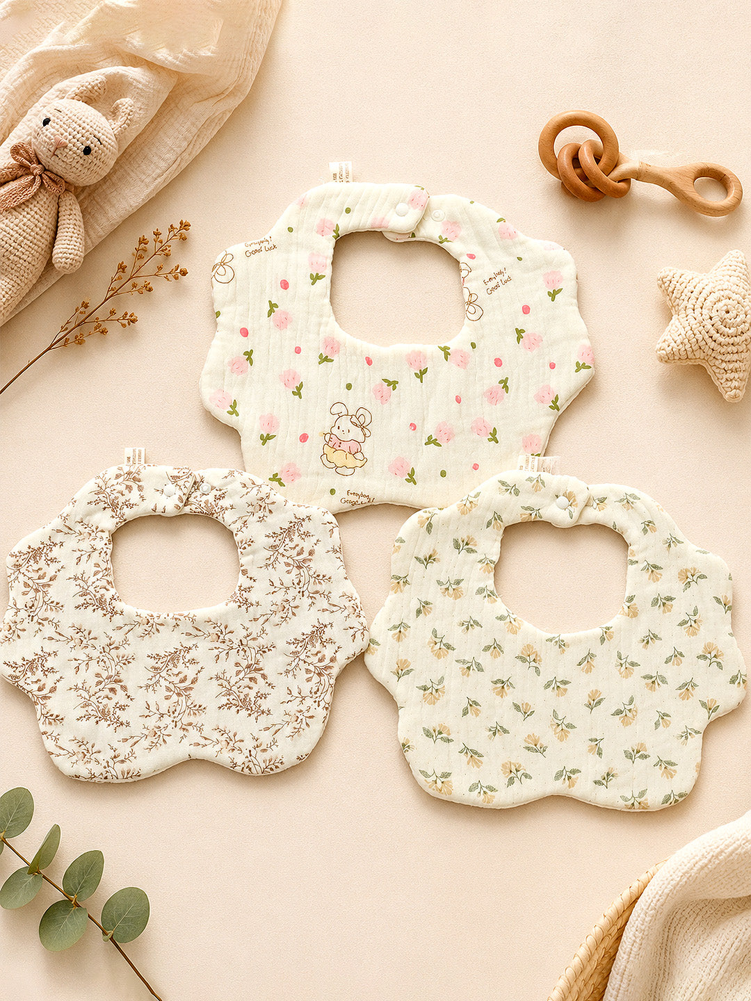 Floral Print 3-Piece Muslin Baby Bibs | Snap Closure | Drool & Burp Bib
