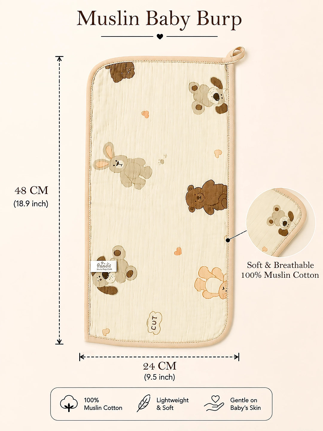Sweet Bear & Friends Muslin Burp Cloth | Set of 2 | 100% Muslin Cotton |
