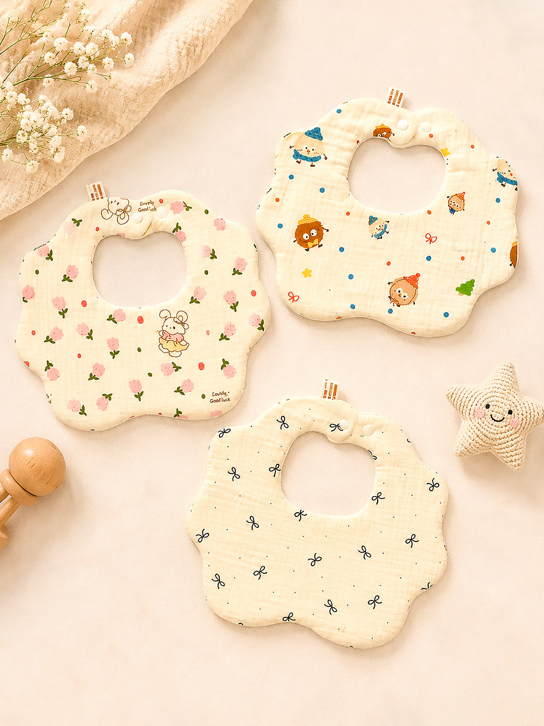 Floral, Bow & Character Print 3-Piece Muslin Baby Bibs | Snap Closure | Drool & Burp Bib