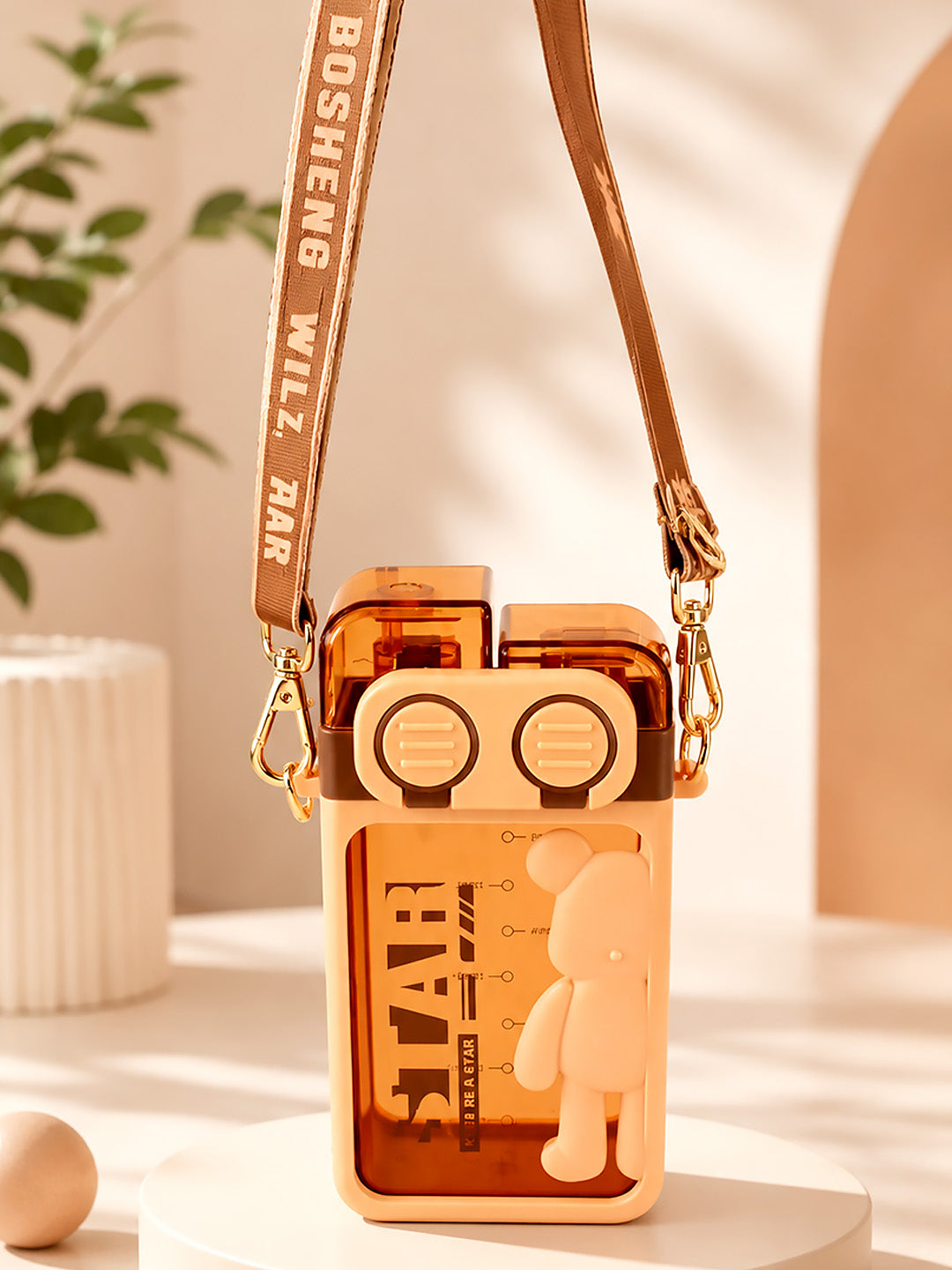 3D Bear Kids Water Bottle — 450ml | Dual Flip Top, Straw & Shoulder Strap