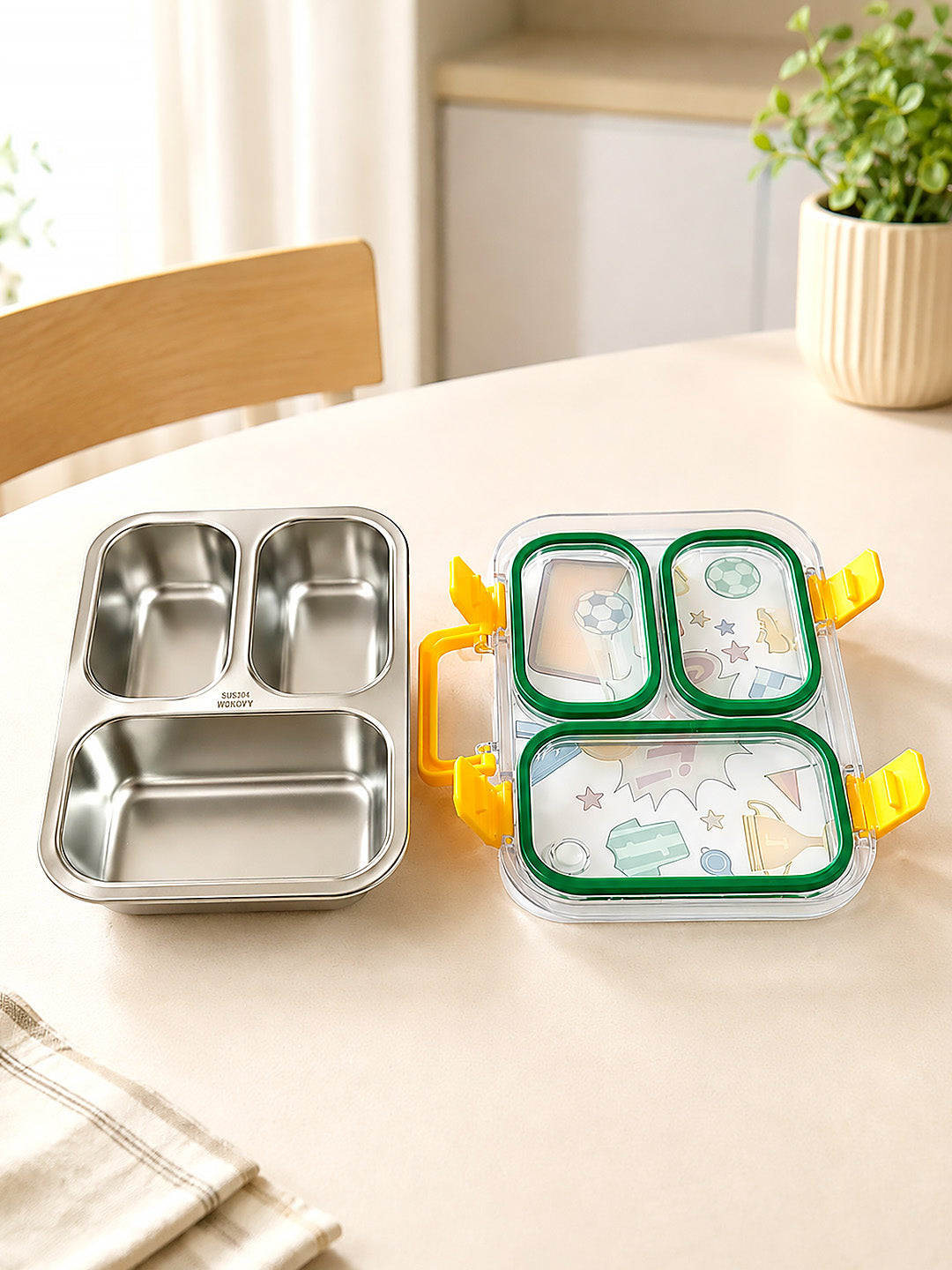 3-Compartment Kids Lunch Box | Stainless Steel Tray | Leak-Proof | Spoon & Fork Included