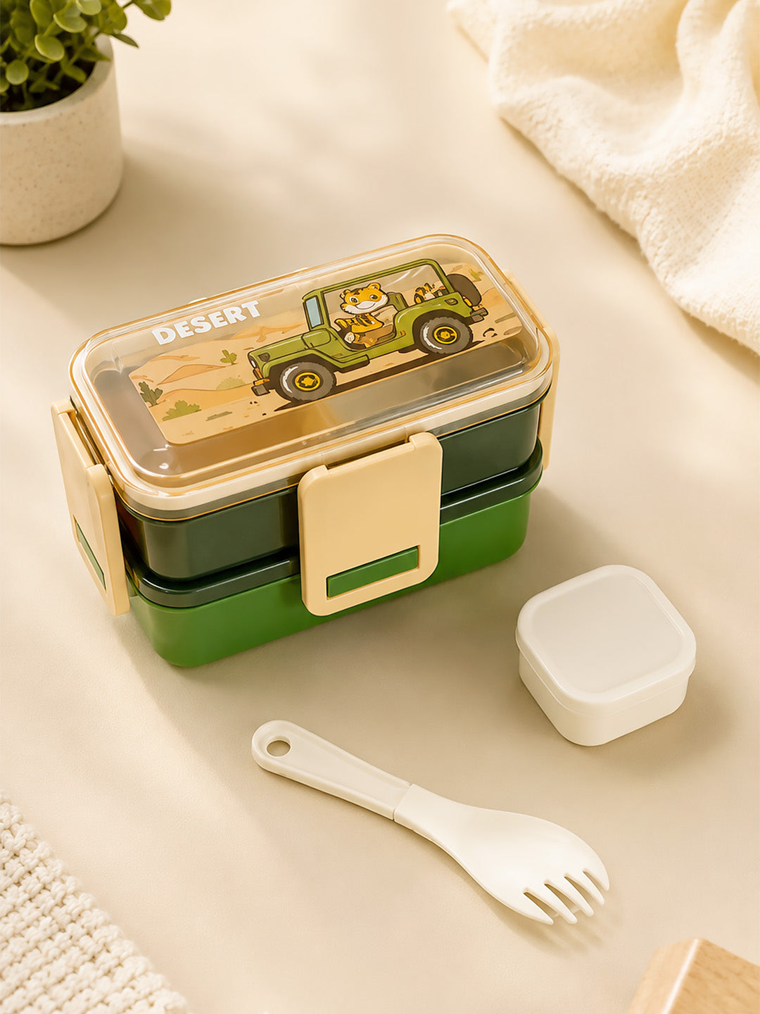 Desert Tiger 2-Tier Kids Lunch Box | Stainless Steel | Leak-Proof | Spork & Sauce Box Included