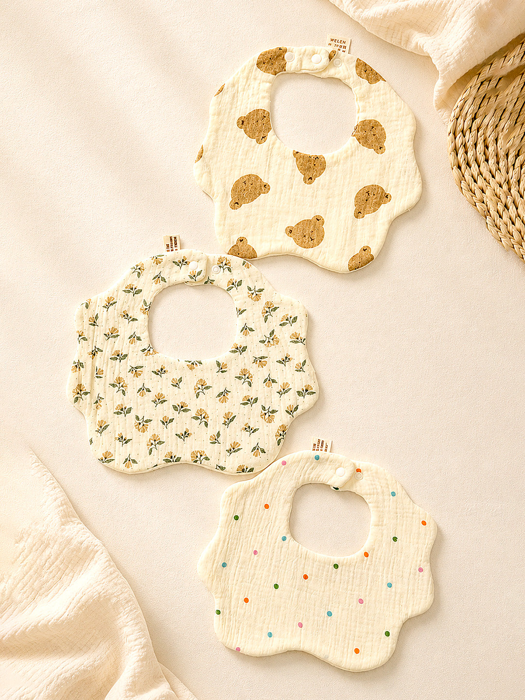Bear, Floral & Polka Dot 3-Piece Muslin Cotton Baby Bibs | Snap Closure | Drool & Burp Bib