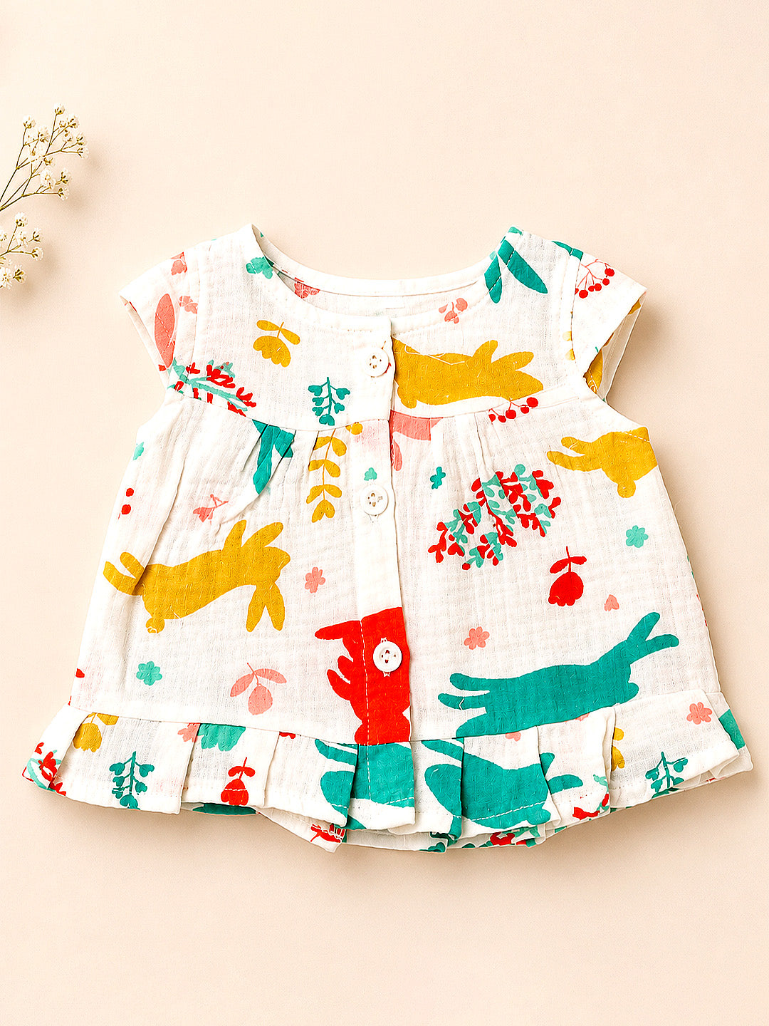 Bunny Animal Print Baby Girl Muslin Frock | Cap Sleeve | Ruffle Hem | 0–6 Months