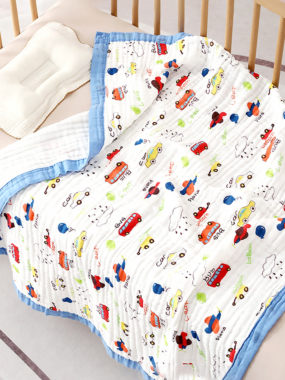 Little Vehicles 6-Layer Muslin Cotton Baby Blanket | All-Season | Blue Border | 110×110 cm