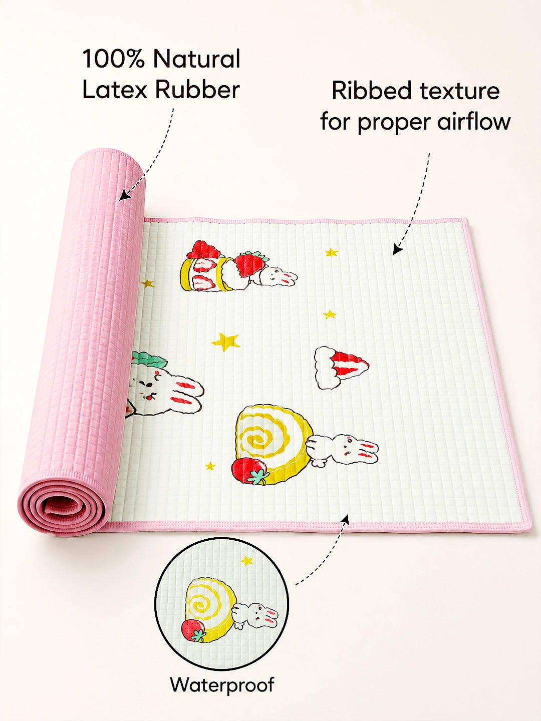 Baby Massage & Play Mat | Strawberry Bunny Print | Waterproof Natural Latex