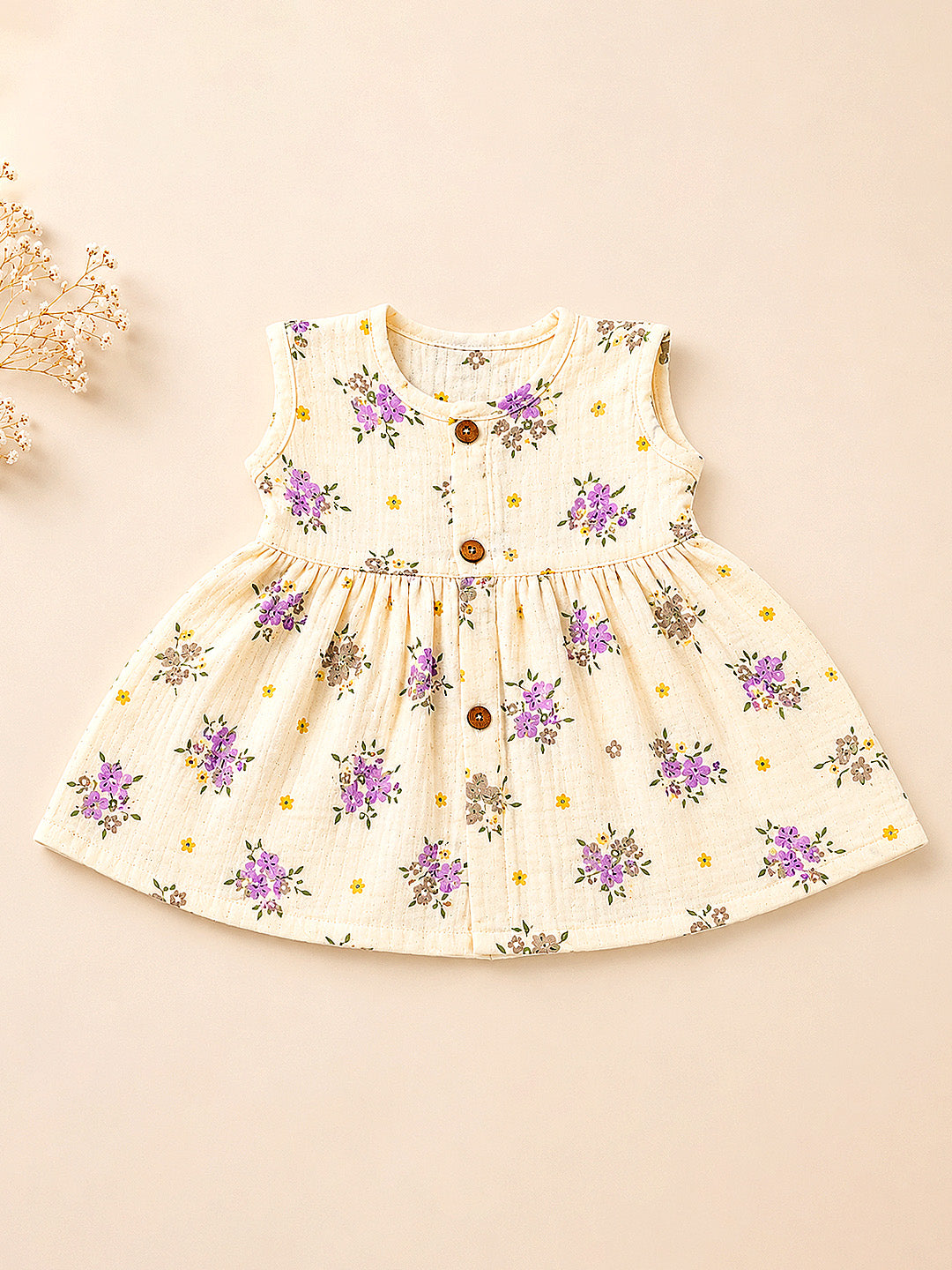Floral Muslin Cotton Frock for Baby Girls | Sleeveless A-Line Dress | Wooden Buttons | 0–12 Months