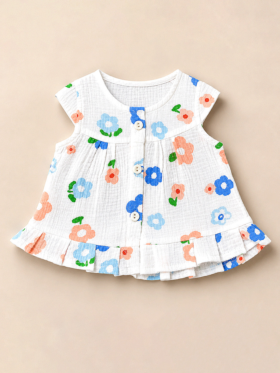 Blue Flower Baby Girl Muslin Frock | Sleeveless Button-Front Dress with Ruffle Hem