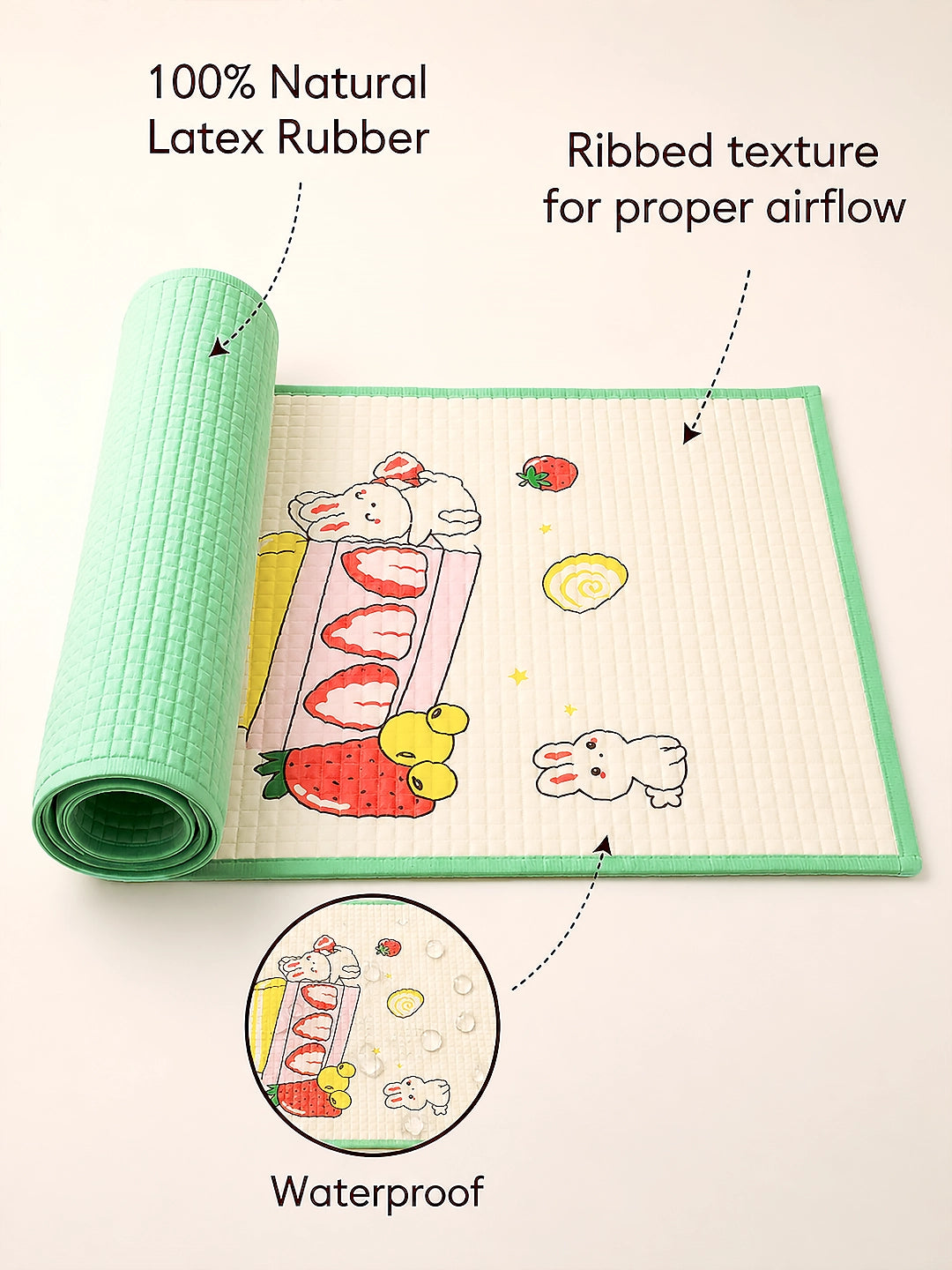 Baby Massage & Play Mat | Strawberry Bunny Print | Green | Waterproof Natural Latex