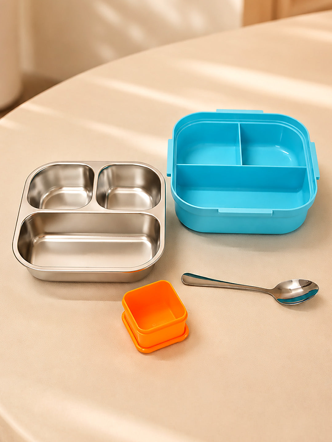 Super Hero 2-Tier Kids Lunch Box | Stainless Steel | Leak-Proof | Sauce Box & Spoon Included