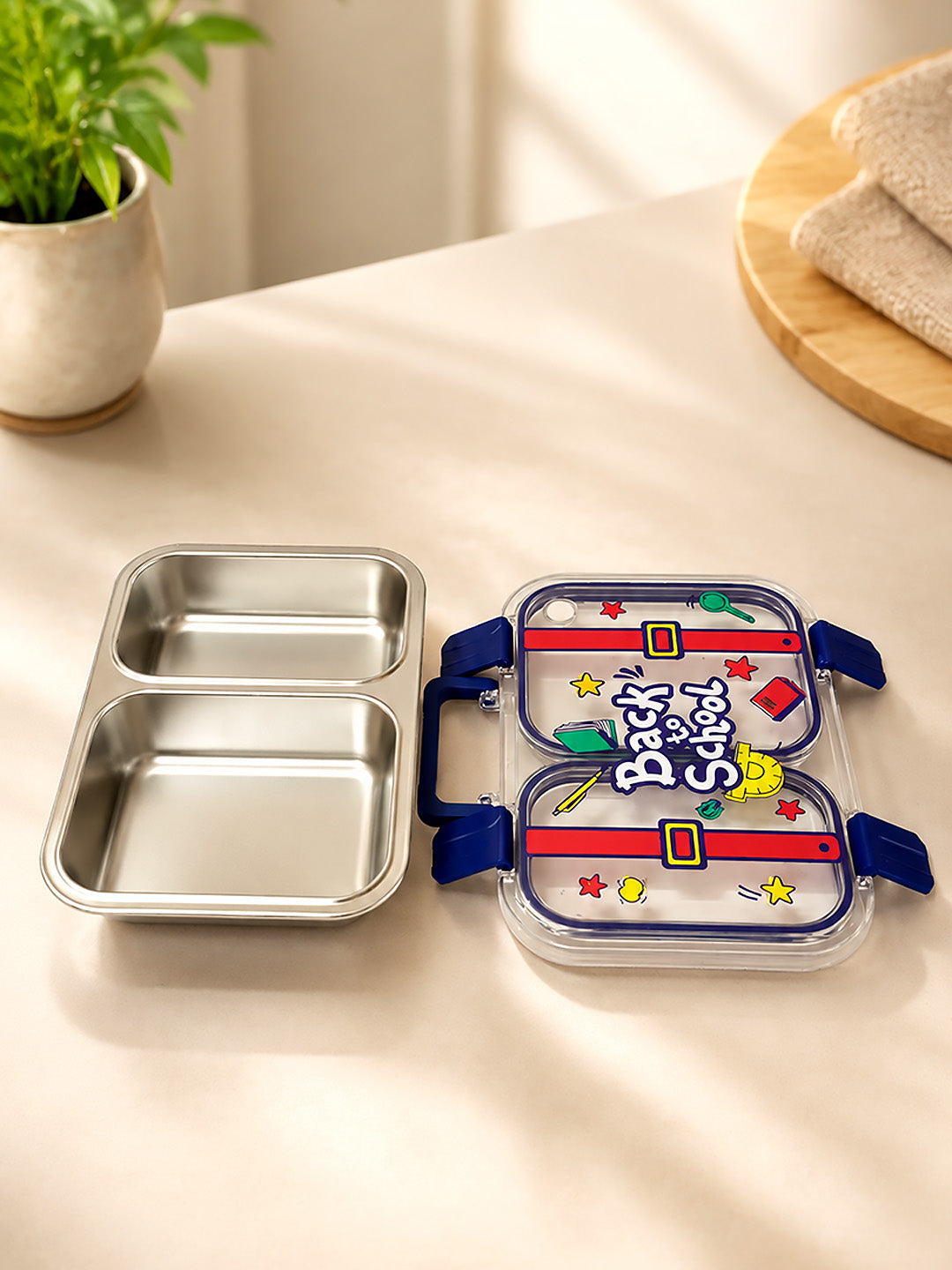 Back to School 2-Compartment Kids Steel Tiffin Lunch Box | Leak-Proof | Fork & Spoon Included