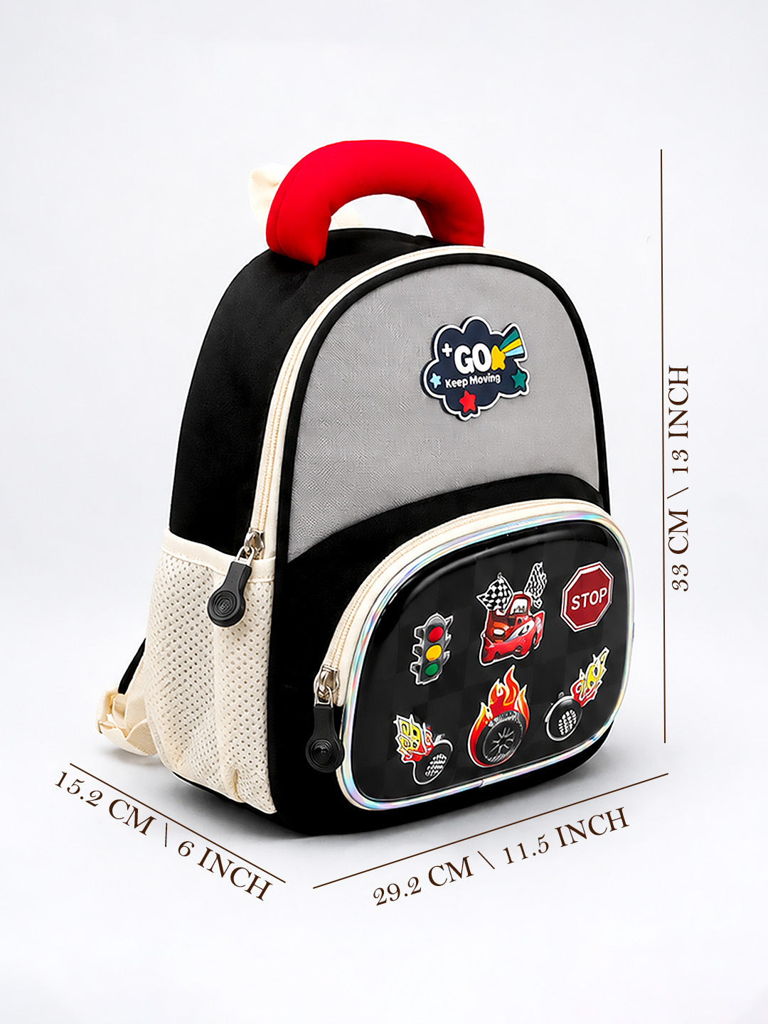 Racing Car Kids Backpack with 3D Front Pocket & Padded Handle – Black & Grey