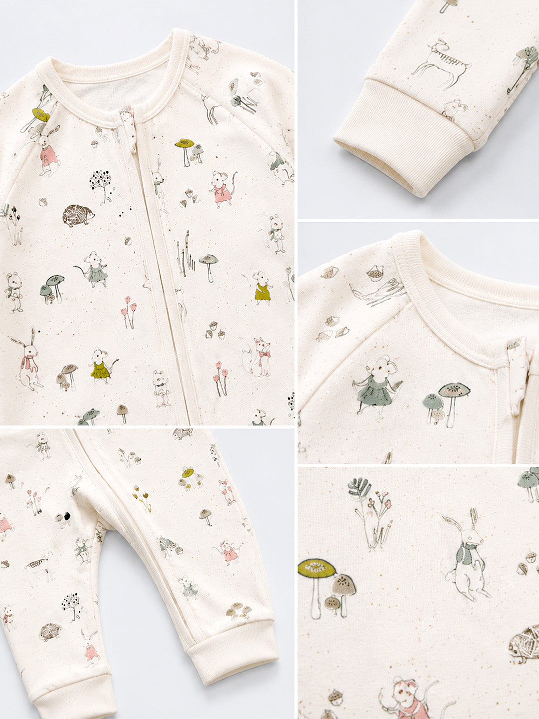 Woodland Friends Baby Romper | Full Sleeve | Two-Way Zipper | Footless | 100% Organic Cotton | 0–18 Months