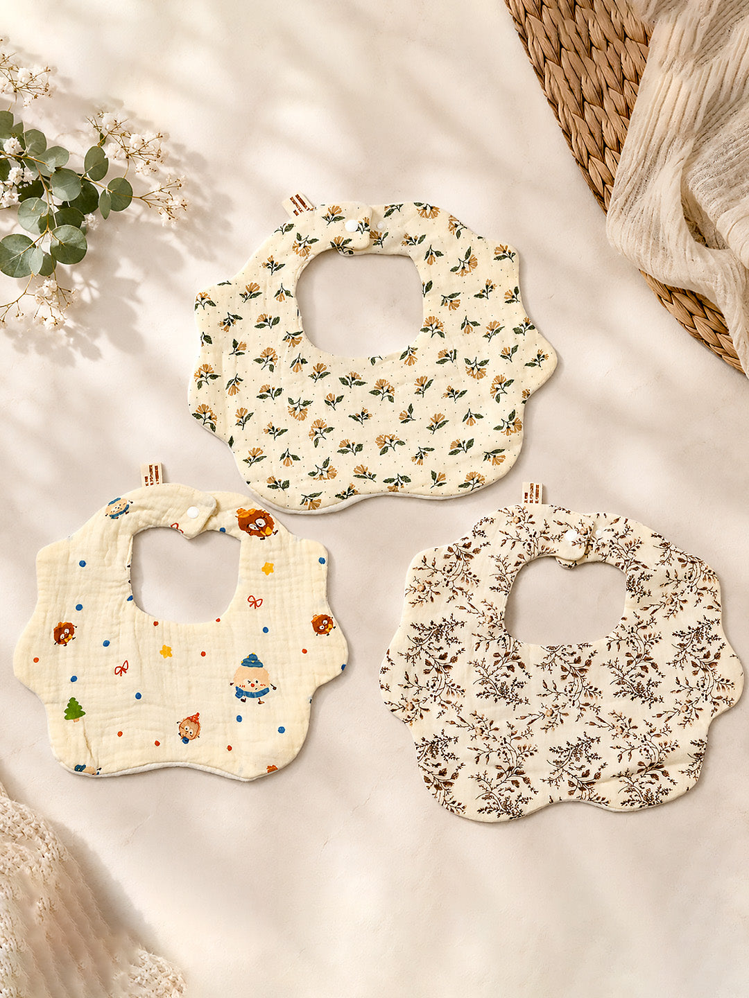 Floral & Friends Print 3-Piece Muslin Cotton Baby Bibs | Snap Closure | Drool & Burp Bib