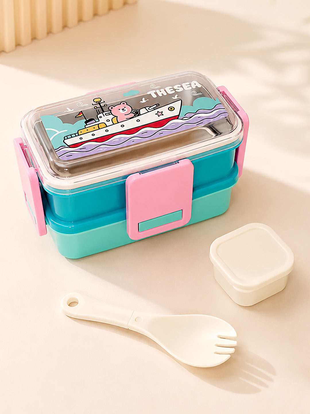 Sea Adventure Bear 2-Tier Kids Lunch Box | Stainless Steel | Leak-Proof | Spork & Sauce Box Included