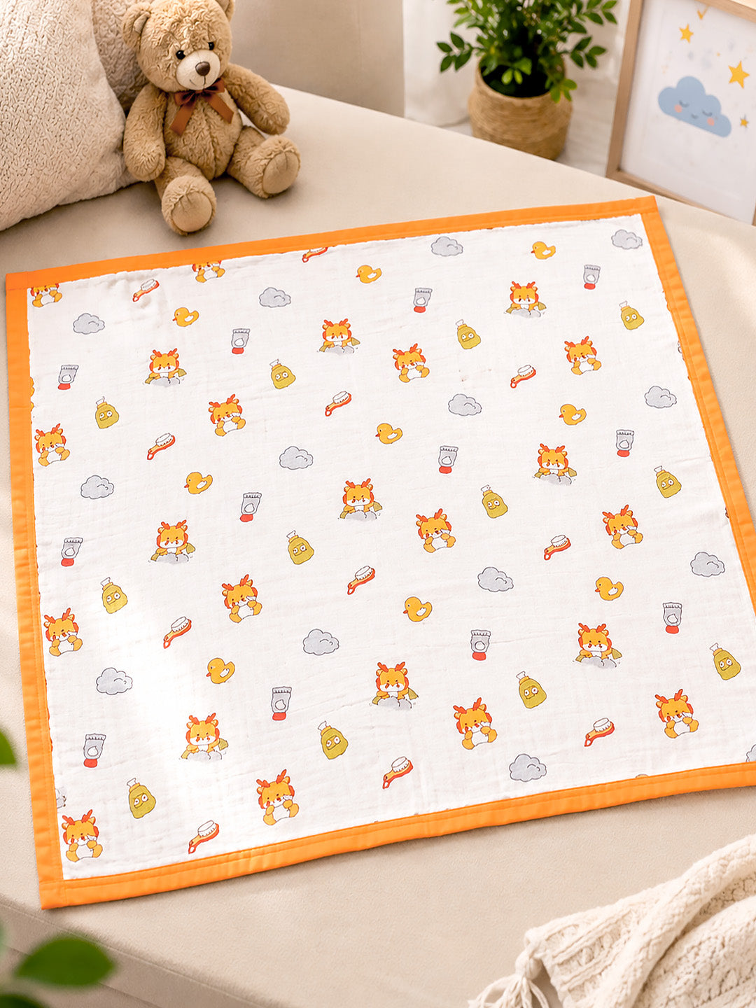 Bath Time Lion 6-Layer Muslin Cotton Baby Blanket | All-Season | 110×110 cm