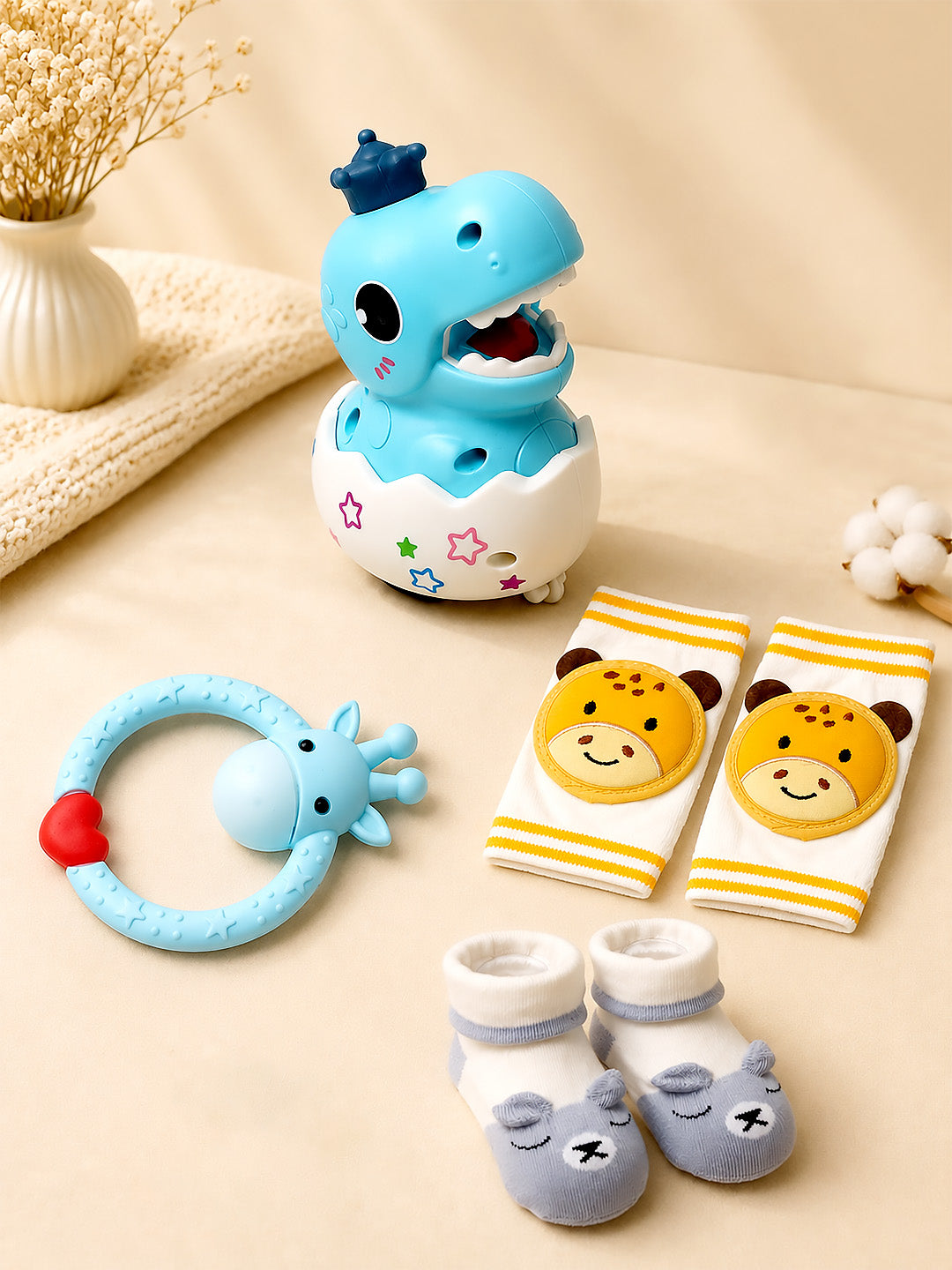 18-Piece Crawling Baby Gift Hamper | Pure Cotton | Knee Pads & Teether | 6–12 Months