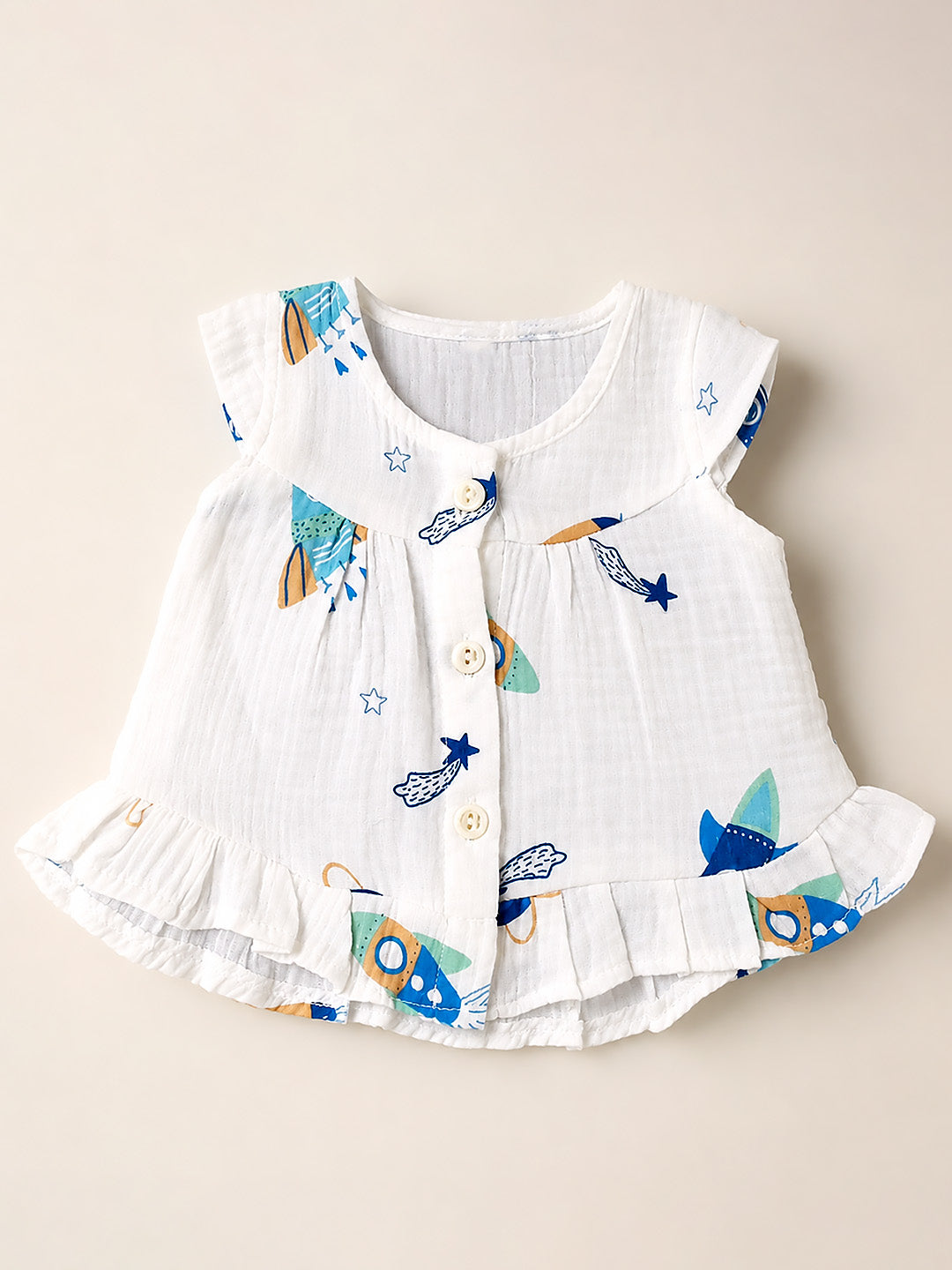 Space Rocket Baby Girl Muslin Frock | Flutter Sleeve | Ruffle Hem | 0–6 Months