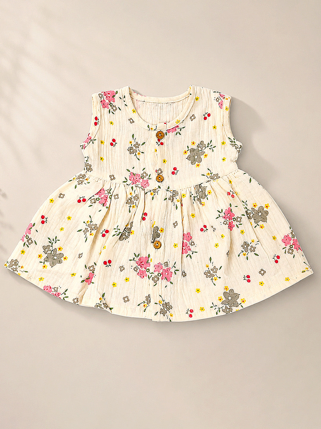 Floral Ditsy Baby Girls Muslin Frock | Sleeveless A-Line Dress | Wooden Buttons | 0–12 Months
