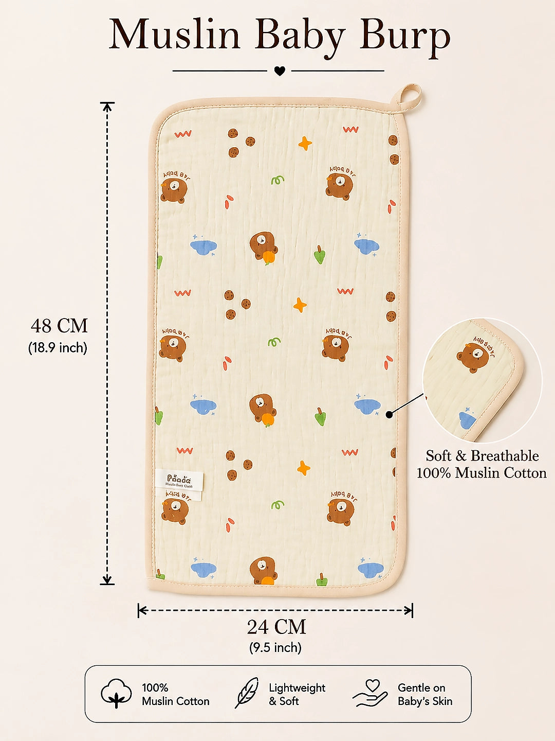 Bear Print Muslin Burp Cloth | Set of 2 | 100% Muslin Cotton |