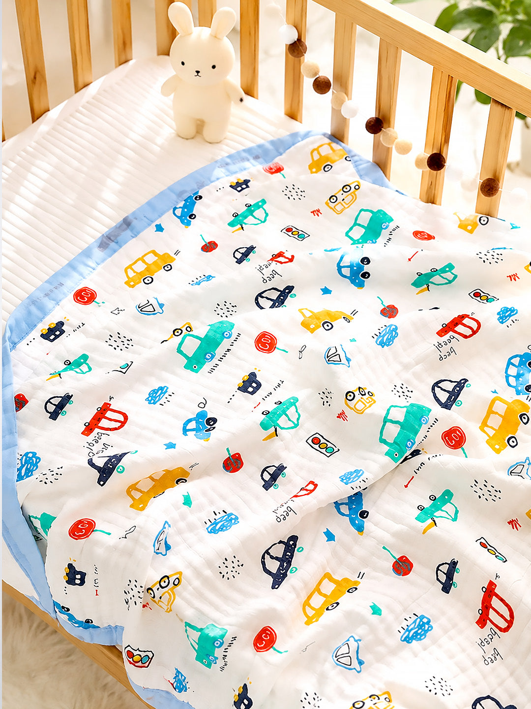 Beep Beep Cars 6-Layer Muslin Cotton Baby Blanket | All-Season | 110×110 cm