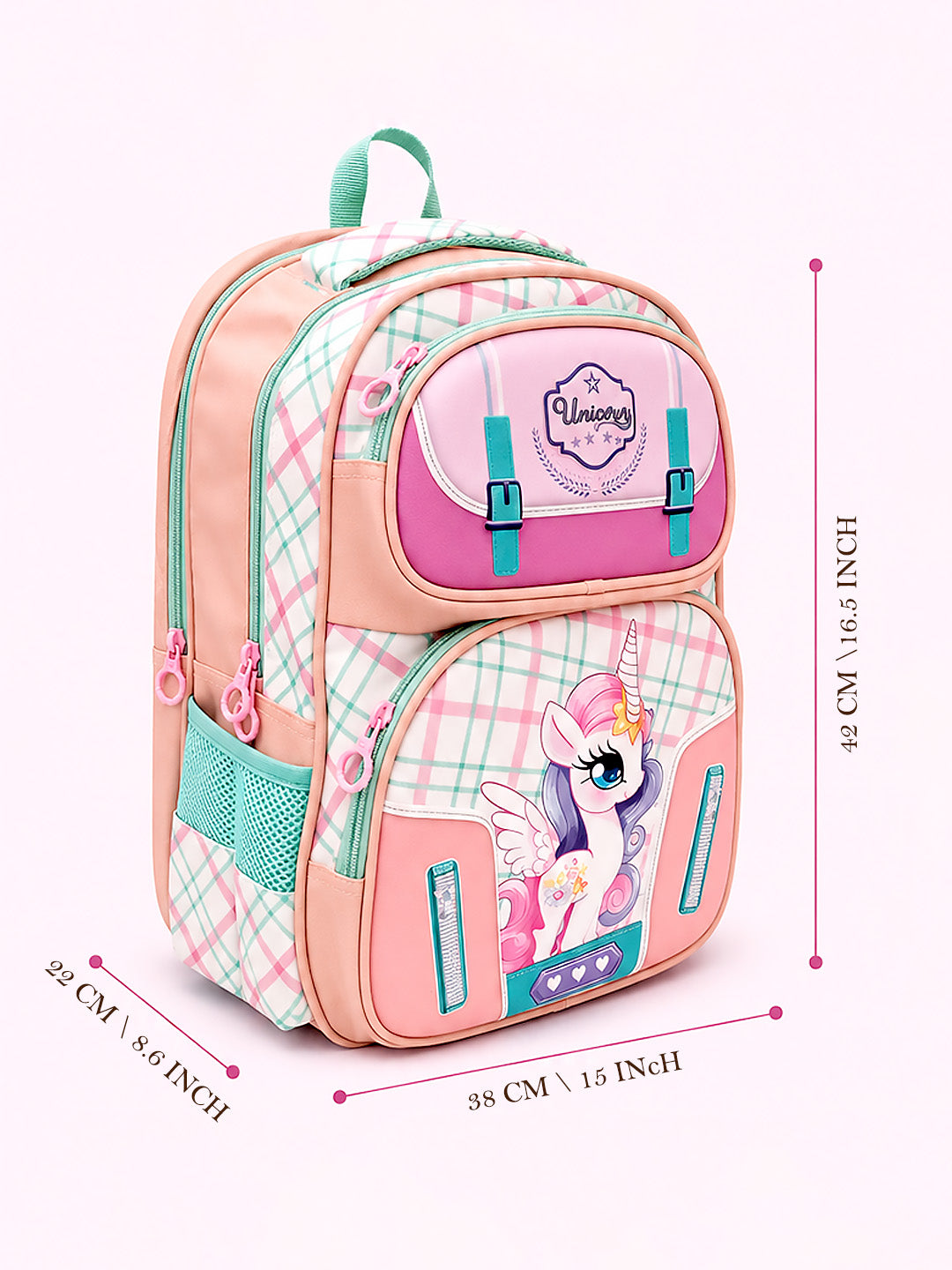 Unicorn School Backpack for Girls – Pink Plaid Kids Bag