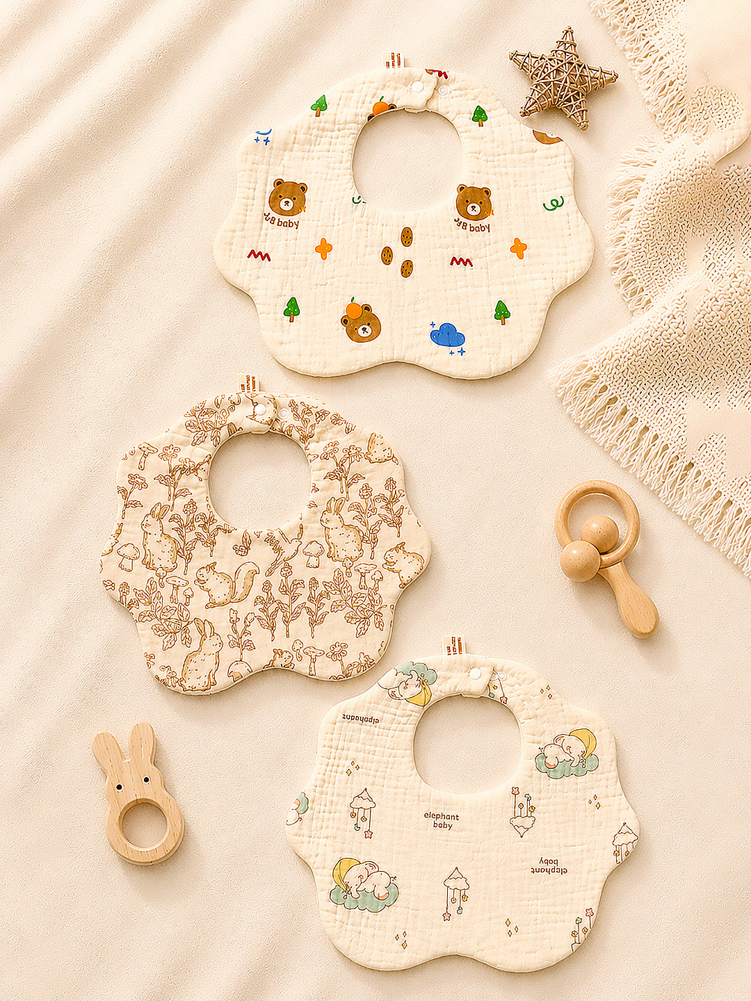 Bear, Elephant & Forest 3-Piece Muslin Baby Bibs | Snap Closure | Drool & Feeding Bib