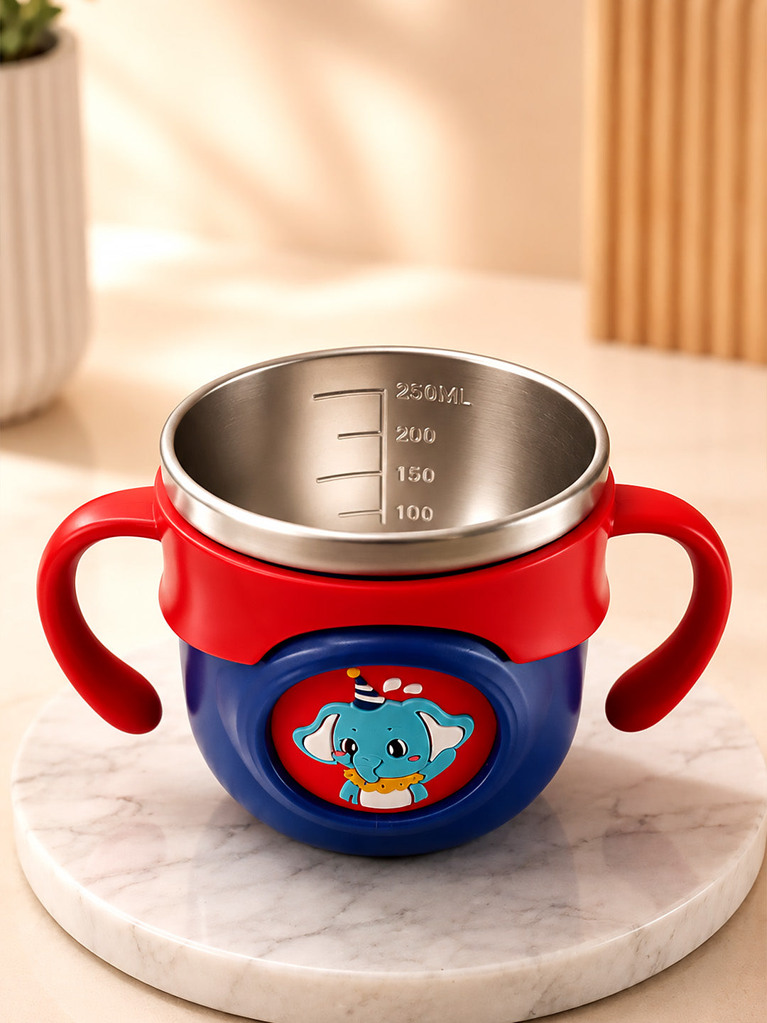 Elephant Stainless Steel Sipper Bottle for Babies & Toddlers — 250ml | Spill-Proof Spout, Flip Straw & Dual Handles