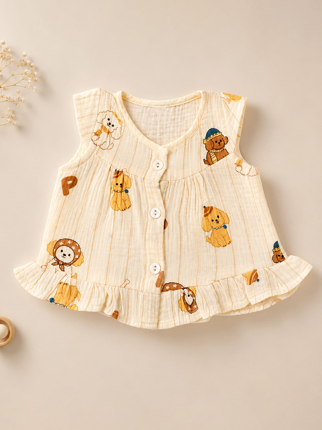 Puppy Print Baby Girl Muslin Frock | Sleeveless Flutter Sleeve Dress with Ruffle Hem | Button Placket