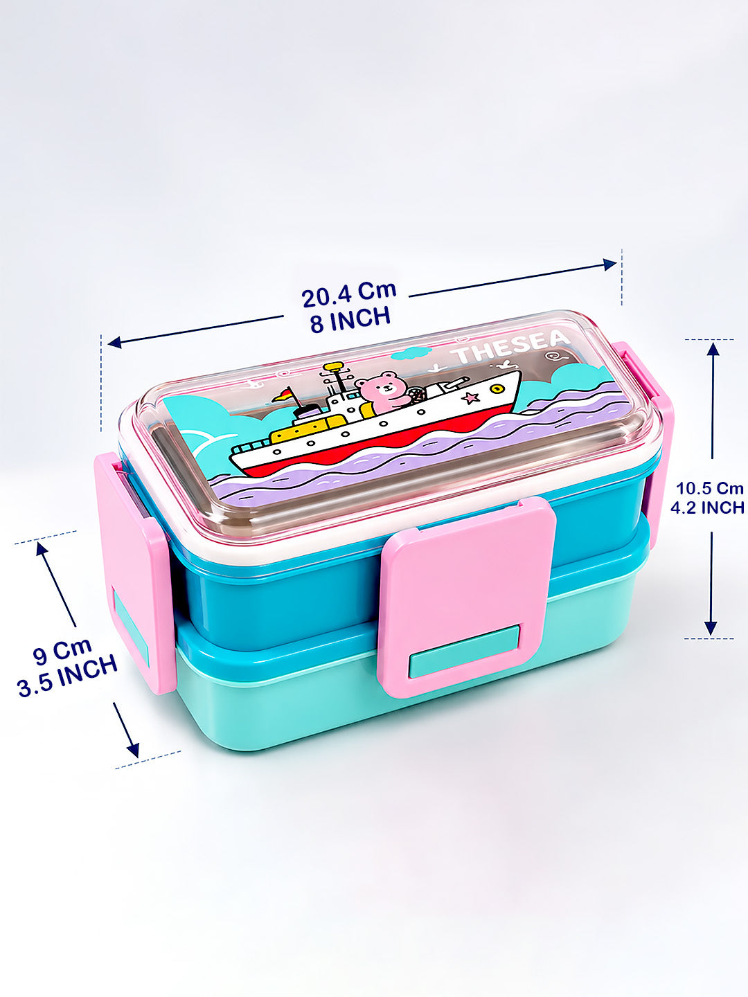 Sea Adventure Bear 2-Tier Kids Lunch Box | Stainless Steel | Leak-Proof | Spork & Sauce Box Included